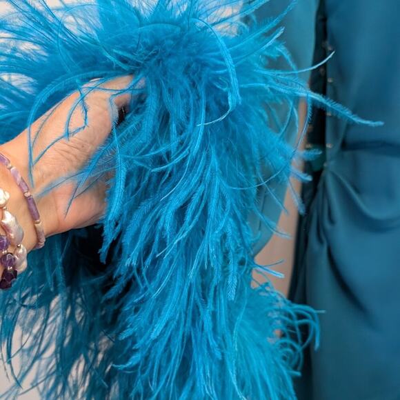 NWT Nervi Pami Teal Mini Dress with Sequin & Ostrich Feather Cuffs - Picture 4 of 10